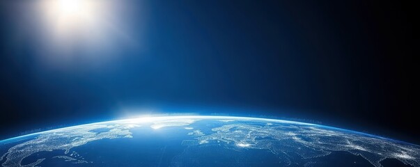 Fototapeta premium View of earth from space with sunlight and city lights in darkness