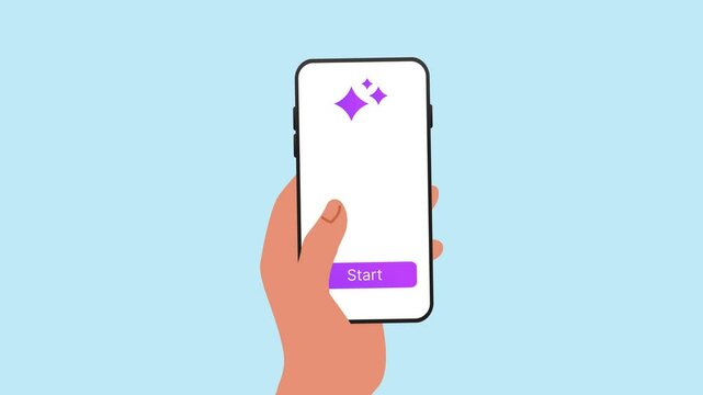 AI app animation. Human hand holding the smartphone, press start button and uses artificial intelligence application. Cute robot avatar appears. Flat cartoon vector animation for business.