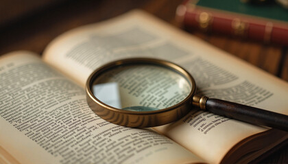 Vintage magnifying glass enhancing text in open book, scholarly atmosphere.