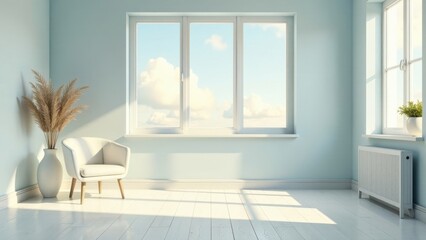 Fototapeta premium Serene minimalist room interior design featuring a comfortable armchair, pampas grass in a vase, and sunlight streaming through large windows onto light wood flooring