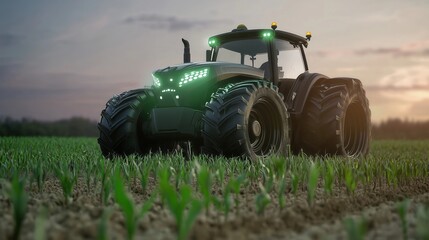 Obraz premium Autonomous tractor working on a field during sunset: embracing future of farming