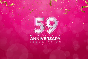 59th Anniversary celebration, 59 Anniversary celebration, Realistic 3d sign, stars, Pink background, festive illustration, Silver number 59 sparkling confetti, 59,60