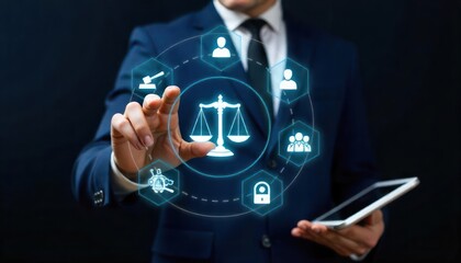 Business professional interacting with digital legal icons, showcasing technology in law