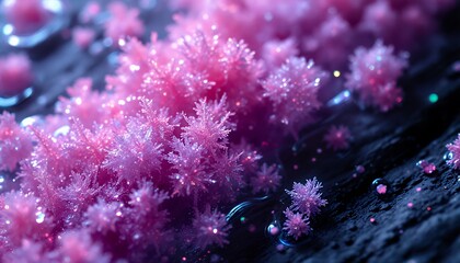 Sparkling Pink Crystal Growth Macro Shot with Water Droplets and Glitter