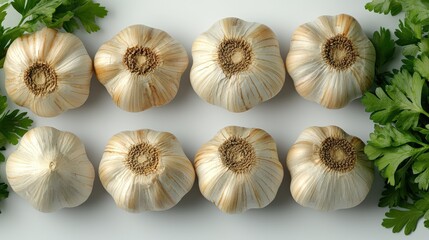 Fototapeta premium Still life showcasing garlic bulbs and vibrant parsley arrangement