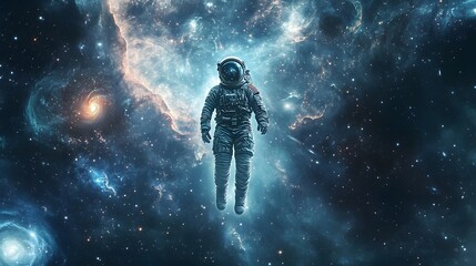 Fototapeta premium Astronaut floating in space surrounded by stars and nebula