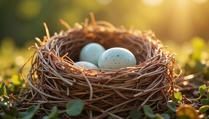Obraz premium Delicate bird nest with speckled eggs in golden sunlight, nature's art