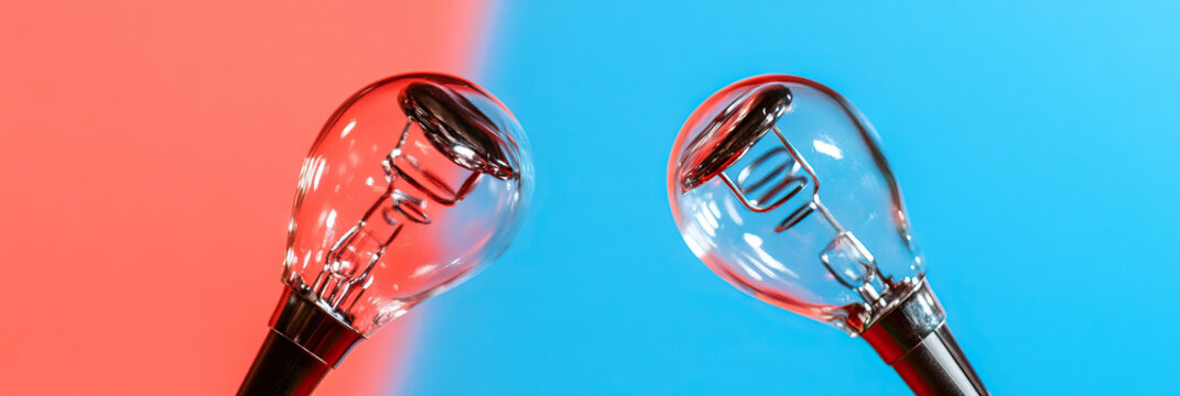 Two Clear Glass Light Bulbs with Visible Filaments Against Coral and Blue Background - Powered by Adobe