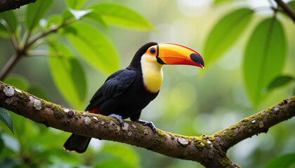 Naklejka premium Colorful toucan resting on mossy branch, exotic birdwatching experience