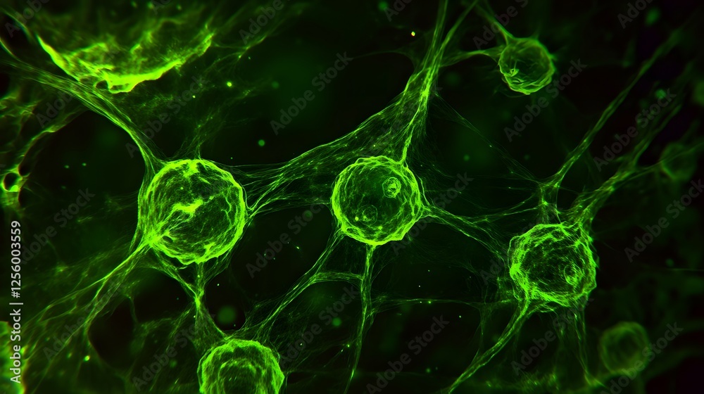 Poster green microscopic view of cells in a dark background