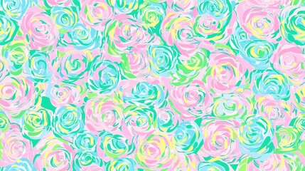 Vibrant love - themed seamless pattern with multicolored roses in pink, blue, green and yellow for various designs and wallpapers.