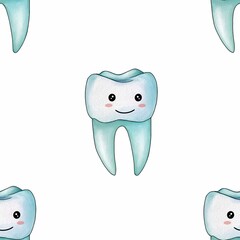 Seamless Pattern Mint Kawaii Tooth Big Design on White Background