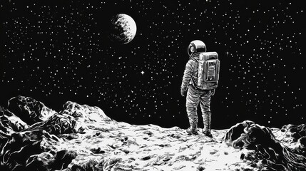 Obraz premium Astronaut gazing at distant planet from lunar landscape with stars shining in the vast galactic space