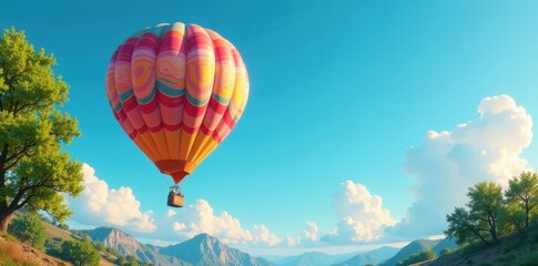 Fototapeta premium A Colorful Hot Air Balloon Soars Over Rolling Hills and Lush Green Landscapes Under a Vivid Blue Sky