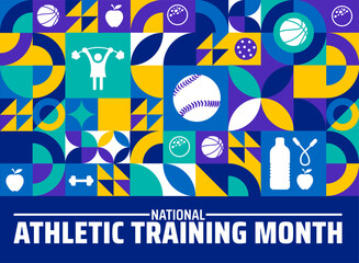 National Athletic Training Month geometric shape pattern background banner or poster design template. observed every year in March. Holiday concept. Use to any Template, card, poster, placard.