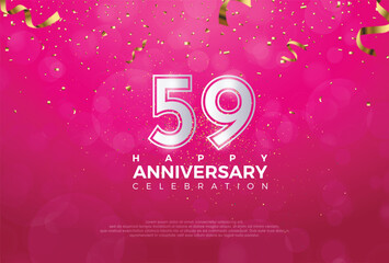 59th Anniversary celebration, 59 Anniversary celebration, Realistic 3d sign, stars, Pink background, festive illustration, Silver number 59 sparkling confetti, 59,60
