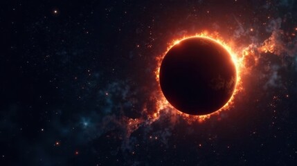 Fiery Celestial Body Enveloped in a Glowing Halo of Plasma, Orbiting Through a Dark Nebula Filled with Distant Stars