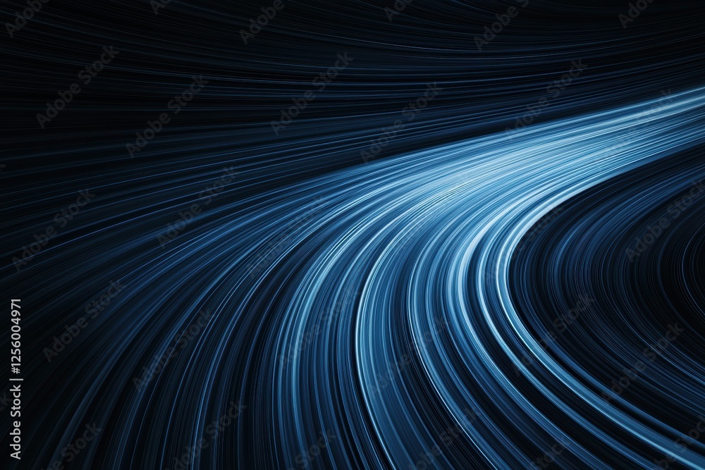 Poster Smooth, curved blue lines form a dynamic abstract pattern, conveying motion and energy against a dark background in a minimalist style
