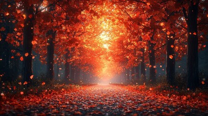 Fototapeta premium Glowing Autumn Forest Clearing with Radiant Mandala of Fallen Leaves