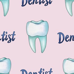 Seamless Pattern Mint Tooth and Text Dentist Big Design on Pastel Pink Background