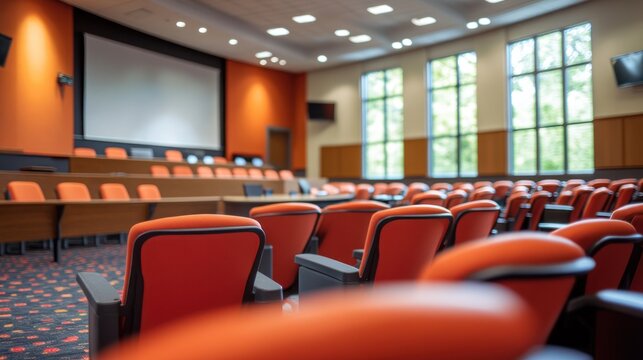 Empty auditorium with orange seats, presentation screen, and natural light. Possible use educational resources