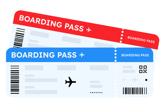 Boarding pass vector illustration. Two air plane tickets template. Airline flight pass concept. Blue departure document. Blue airplane tickets design. Blank boarding pass template isolated.