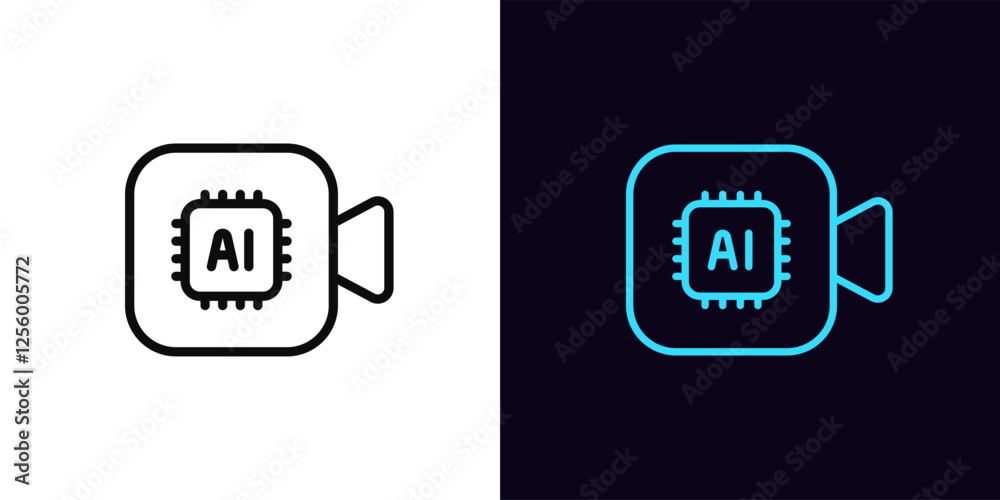 Poster outline ai camera icon, with editable stroke. ai video processing algorithms. neural network for gen