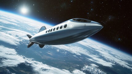 A futuristic spaceship is flying above Earth in outer space, showcasing advanced technology and sleek design. The spaceship has multiple windows and lights, indicating it is likely used for passenger 