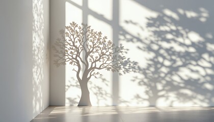 Obraz premium Tree Decoration on Wall Casting Shadow in Bright Room Light