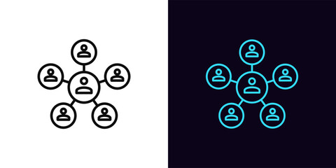 Outline leader icon, with editable stroke. Central chief, centralized management system. Head authority, team control organization, teamwork manage, distribution system, social network. Vector icon