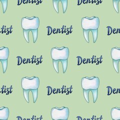 Seamless Pattern Mint Tooth and Text Dentist Small Design on Pastel Green Background