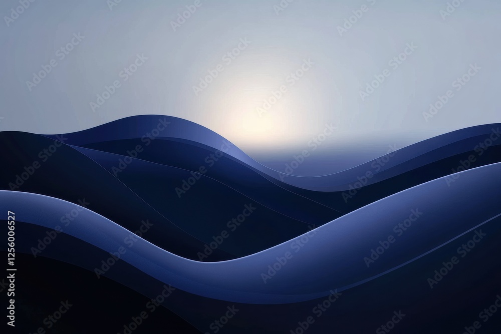 Poster Abstract design featuring smooth curved lines on a blue gradient background. Minimalist style with blurred shapes and a single line of light