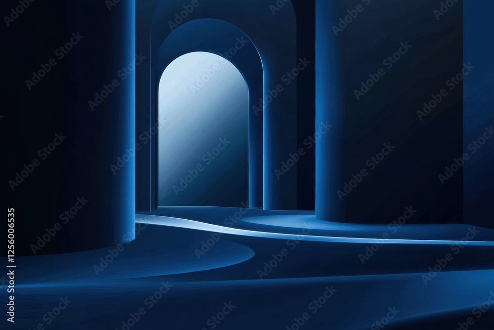 Poster Minimalist design featuring a dark blue gradient background with smooth, curved lines and blurred shapes, creating a sense of depth and elegance