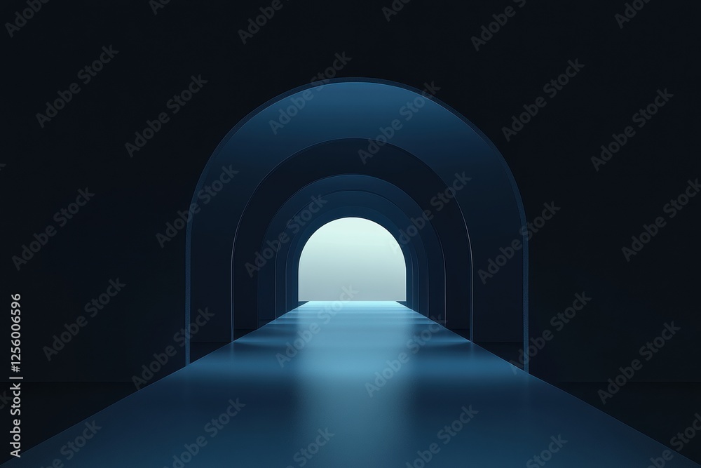 Aufkleber Minimalist design featuring a tunnel with smooth, curved lines and a blue gradient. Light shines through, creating a serene, futuristic ambiance