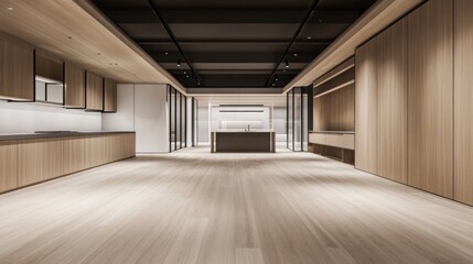 Obraz premium Modern minimalist kitchen, open-plan design, wood flooring, spacious interior, ideal for real estate listings