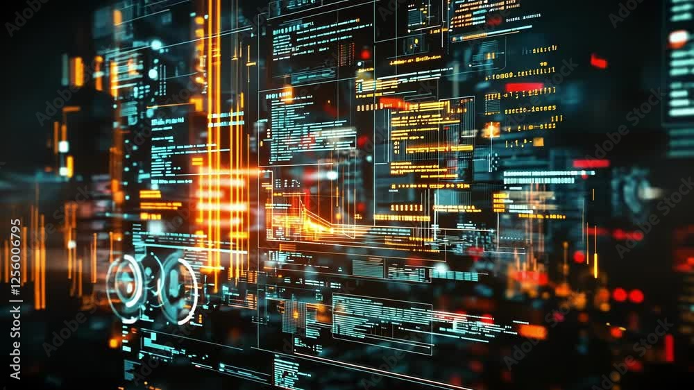 Aufkleber futuristic technological interface featuring complex data analysis and glowing lines of code, illust
