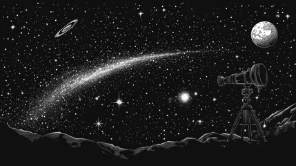 Naklejka premium Cosmic Exploration with Telescope on Moon Surface Featuring Stars, Galaxy, Saturn, and Bright Moon Against Black Space Background