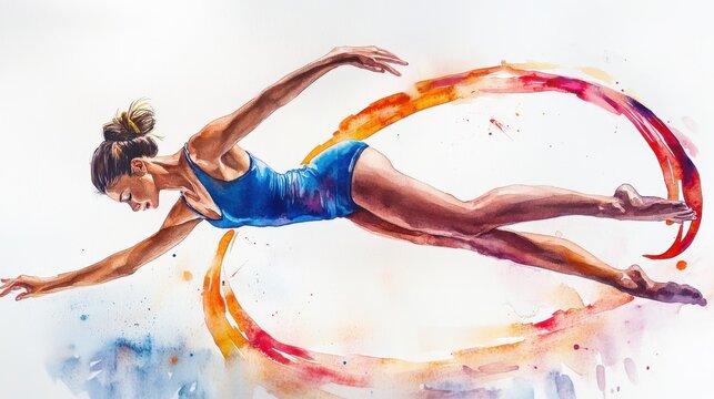 Rhythmic gymnastics exercise in watercolor, olympic rhythmic gymnastics