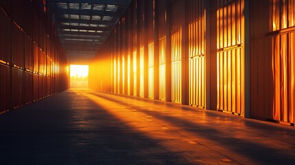 Sunset Light Streaming Through Shipping Containers in Warehouse