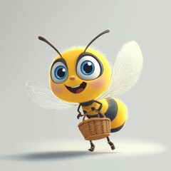 Obraz premium Cartoon bee with basket, cheerful expression, light background, possible use for children's book illustrations