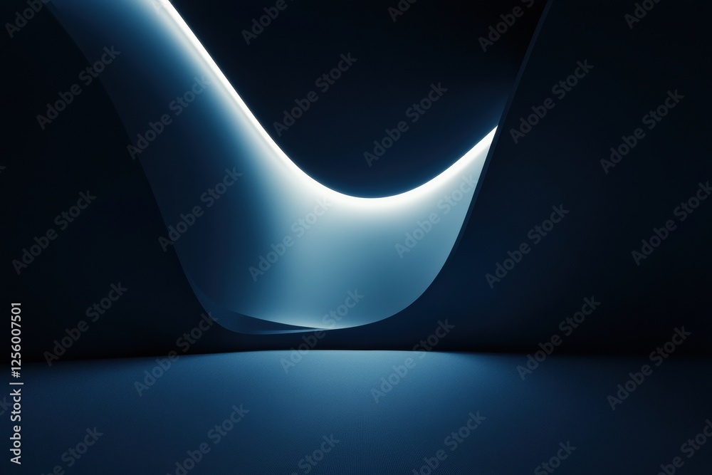 Poster Smooth curved lines and blurred shapes create a serene blue gradient background. A single line of light adds depth and elegance to the minimalist composition