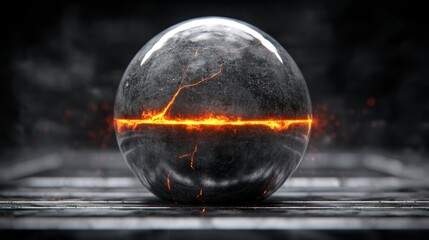 A dark, cracked sphere glows with fiery energy.  Intense light and shadow create a dramatic effect.
