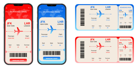 Boarding pass vector illustration. Two air plane tickets template. Airline flight pass concept. Blue departure document. Blue airplane tickets design. Blank boarding pass template isolated. © Fara