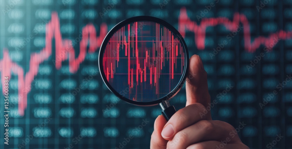Poster business professional using a magnifying glass to examine a virtual stock market graph, symbolizing 