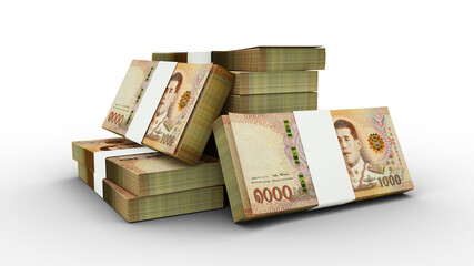 3d rendering of Stack of 1000 Thai baht notes. Few bundles of Thai currency isolated over transparent  background	
