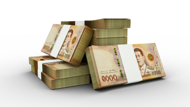 3d rendering of Stack of 1000 Thai baht notes. Few bundles of Thai currency isolated over transparent  background	