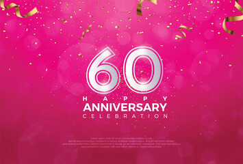 60th Anniversary celebration, 60 Anniversary celebration, Realistic 3d sign, stars, Pink background, festive illustration, Silver number 60 sparkling confetti, 60,61