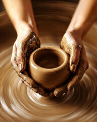 Female hands of a ceramicist working on a pottery wheel. The potter makes dishes on a pottery wheel.