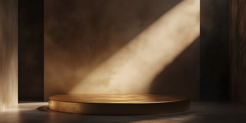 A moody studio scene with a metallic podium illuminated by a dramatic beam of light against dark textured walls