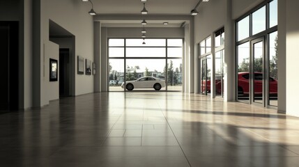 Showroom interior, car display, sunlight, modern architecture,  dealership